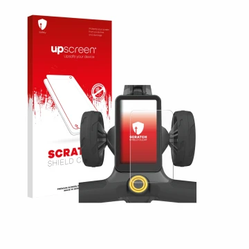 Parte frontal de un envase de producto con el logotipo de la marca upscreen. Al lado se muestra el dispositivo PowaKaddy CT12 