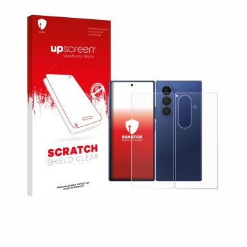 Parte frontal de un envase de producto con el logotipo de la marca upscreen. Al lado se muestra el dispositivo Samsung Galaxy 
