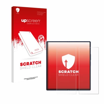 Parte frontal de un envase de producto con el logotipo de la marca upscreen. Al lado se muestra el dispositivo Samsung Galaxy 
