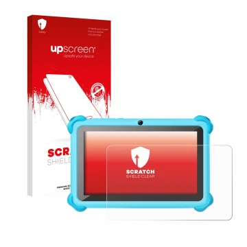 Parte frontal de un envase de producto con el logotipo de la marca upscreen. Al lado se muestra el dispositivo zcobro KIDS710 