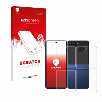 Parte frontal de un envase de producto con el logotipo de la marca upscreen. Al lado se muestra el dispositivo Samsung Galaxy 