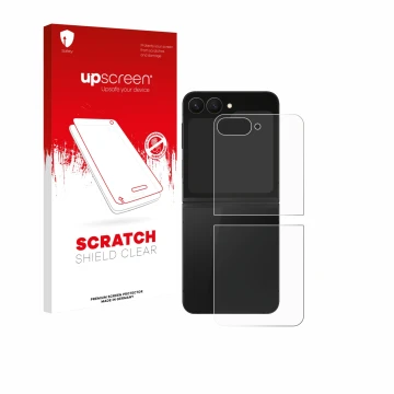 Parte frontal de un envase de producto con el logotipo de la marca upscreen. Al lado se muestra el dispositivo Samsung Galaxy 