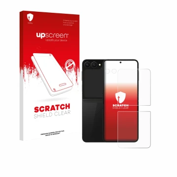 Parte frontal de un envase de producto con el logotipo de la marca upscreen. Al lado se muestra el dispositivo Samsung Galaxy 