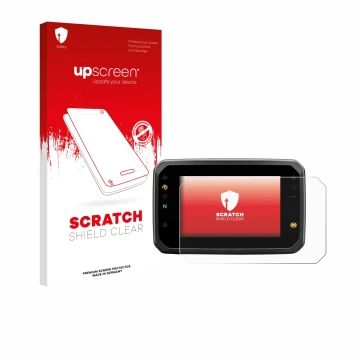 Parte frontal de un envase de producto con el logotipo de la marca upscreen. Al lado se muestra el dispositivo Honda Hornet CB