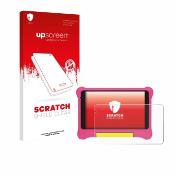 Parte frontal de un envase de producto con el logotipo de la marca upscreen. Al lado se muestra el dispositivo Happybe Kids Ta