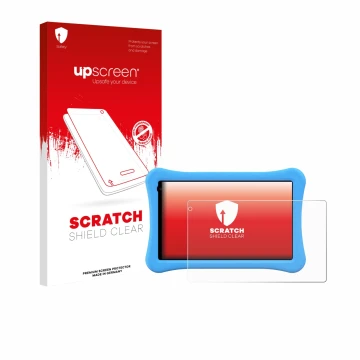 Parte frontal de un envase de producto con el logotipo de la marca upscreen. Al lado se muestra el dispositivo Awow funtab 100