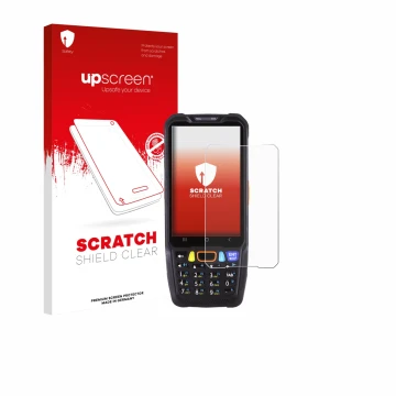 Parte frontal de un envase de producto con el logotipo de la marca upscreen. Al lado se muestra el dispositivo Point Mobile PM