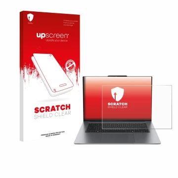 Parte frontal de un envase de producto con el logotipo de la marca upscreen. Al lado se muestra el dispositivo Lenovo ThinkPad