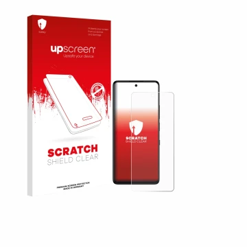 Parte frontal de un envase de producto con el logotipo de la marca upscreen. Al lado se muestra el dispositivo TCL 50 Pro NXTP