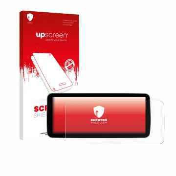 Parte frontal de un envase de producto con el logotipo de la marca upscreen. Al lado se muestra el dispositivo Ninetom Car Rad