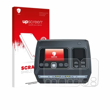 Parte frontal de un envase de producto con el logotipo de la marca upscreen. Al lado se muestra el dispositivo SkyRc D750 Mix 