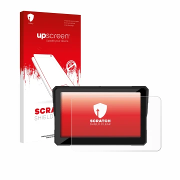 Parte frontal de un envase de producto con el logotipo de la marca upscreen. Al lado se muestra el dispositivo Carpuride W702S