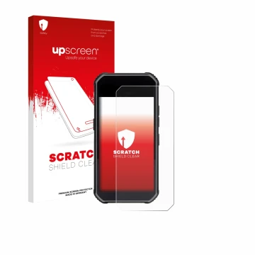 Parte frontal de un envase de producto con el logotipo de la marca upscreen. Al lado se muestra el dispositivo SkyCaddie Pro 5
