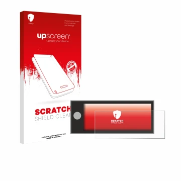 Parte frontal de un envase de producto con el logotipo de la marca upscreen. Al lado se muestra el dispositivo Peugeot Expert 