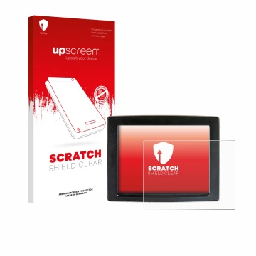 Parte frontal de un envase de producto con el logotipo de la marca upscreen. Al lado se muestra el dispositivo John Deere Gree