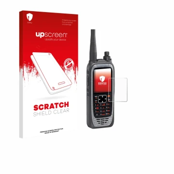 Parte frontal de un envase de producto con el logotipo de la marca upscreen. Al lado se muestra el dispositivo Icom IC-A25NE /