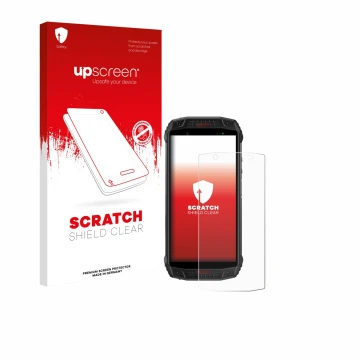 Parte frontal de un envase de producto con el logotipo de la marca upscreen. Al lado se muestra el dispositivo Ulefone Armor 1