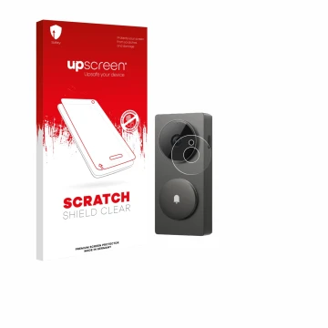 Parte frontal de un envase de producto con el logotipo de la marca upscreen. Al lado se muestra el dispositivo Aqara Hub G410 