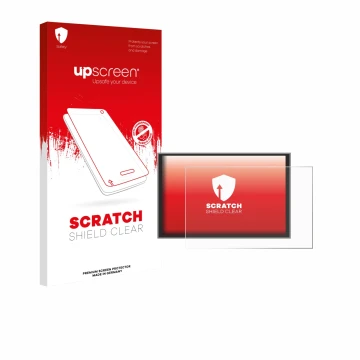 Parte frontal de un envase de producto con el logotipo de la marca upscreen. Al lado se muestra el dispositivo Renault Master 