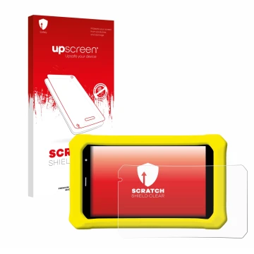 Parte frontal de un envase de producto con el logotipo de la marca upscreen. Al lado se muestra el dispositivo Clementoni Clem