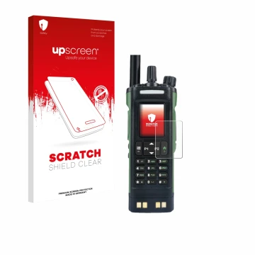 Parte frontal de un envase de producto con el logotipo de la marca upscreen. Al lado se muestra el dispositivo Baofeng DM-32 c