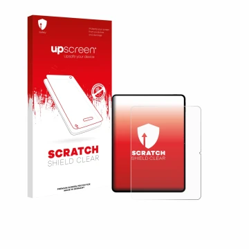 Parte frontal de un envase de producto con el logotipo de la marca upscreen. Al lado se muestra el dispositivo Teclast Artpad 