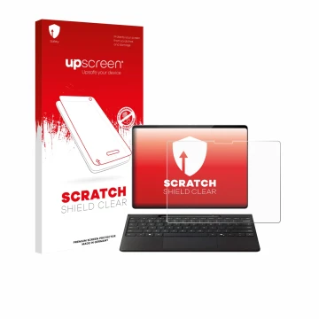 Parte frontal de un envase de producto con el logotipo de la marca upscreen. Al lado se muestra el dispositivo Microsoft Surfa