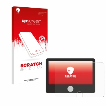 Parte frontal de un envase de producto con el logotipo de la marca upscreen. Al lado se muestra el dispositivo Dynavin D9-DCX 