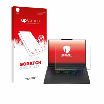 Parte frontal de un envase de producto con el logotipo de la marca upscreen. Al lado se muestra el dispositivo Lenovo Legion 5