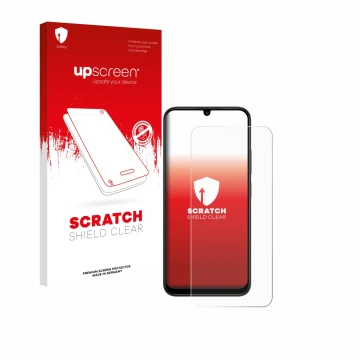 Parte frontal de un envase de producto con el logotipo de la marca upscreen. Al lado se muestra el dispositivo Xiaomi Redmi 15