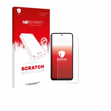 Parte frontal de un envase de producto con el logotipo de la marca upscreen. Al lado se muestra el dispositivo Xiaomi Redmi 15