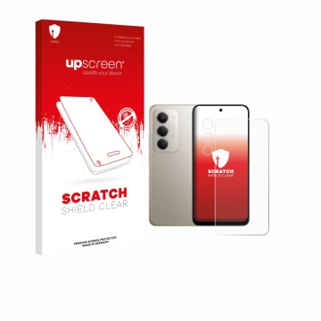 Parte frontal de un envase de producto con el logotipo de la marca upscreen. Al lado se muestra el dispositivo Xiaomi Redmi 15