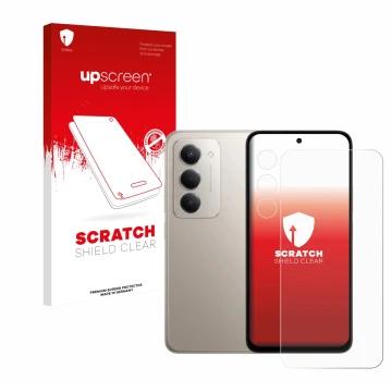 Parte frontal de un envase de producto con el logotipo de la marca upscreen. Al lado se muestra el dispositivo Xiaomi Redmi 15