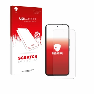 Parte frontal de un envase de producto con el logotipo de la marca upscreen. Al lado se muestra el dispositivo Oukitel WP210 5