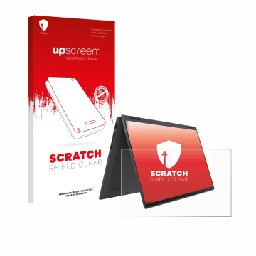 Parte frontal de un envase de producto con el logotipo de la marca upscreen. Al lado se muestra el dispositivo Lenovo IdeaPad 