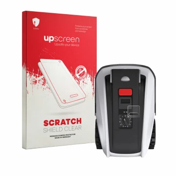 Parte frontal de un envase de producto con el logotipo de la marca upscreen. Al lado se muestra el dispositivo Ecovacs Goat O8