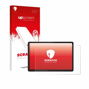 Parte frontal de un envase de producto con el logotipo de la marca upscreen. Al lado se muestra el dispositivo Lenovo Tab K11e