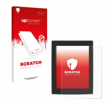 Parte frontal de un envase de producto con el logotipo de la marca upscreen. Al lado se muestra el dispositivo Volvo XC90 11.2