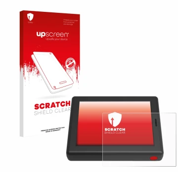 Parte frontal de un envase de producto con el logotipo de la marca upscreen. Al lado se muestra el dispositivo XC Tracer Maxx 