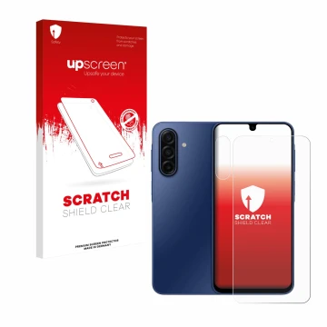 Parte frontal de un envase de producto con el logotipo de la marca upscreen. Al lado se muestra el dispositivo Samsung Galaxy 
