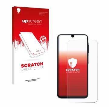 Parte frontal de un envase de producto con el logotipo de la marca upscreen. Al lado se muestra el dispositivo Samsung Galaxy 