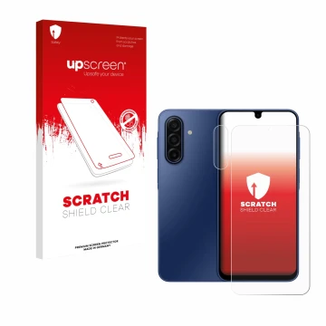 Parte frontal de un envase de producto con el logotipo de la marca upscreen. Al lado se muestra el dispositivo Samsung Galaxy 