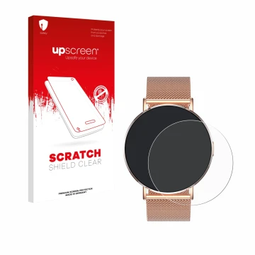 Parte frontal de un envase de producto con el logotipo de la marca upscreen. Al lado se muestra el dispositivo Levowatch Eve 1