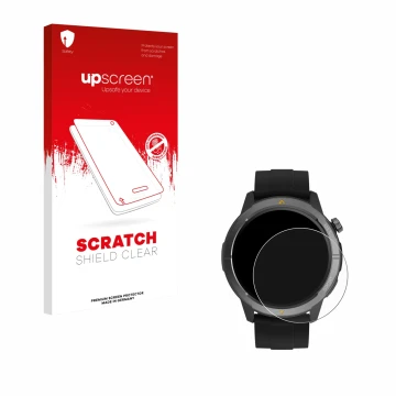 Parte frontal de un envase de producto con el logotipo de la marca upscreen. Al lado se muestra el dispositivo AGM Legion Watc