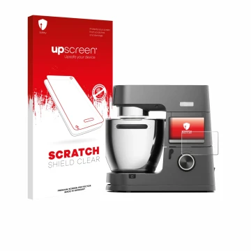 Parte frontal de un envase de producto con el logotipo de la marca upscreen. Al lado se muestra el dispositivo Kenwood Cooking