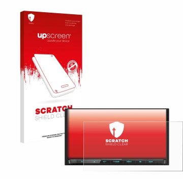 Parte frontal de un envase de producto con el logotipo de la marca upscreen. Al lado se muestra el dispositivo Kenwood DMX8021