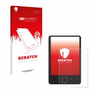 Parte frontal de un envase de producto con el logotipo de la marca upscreen. Al lado se muestra el dispositivo SPC Light 2 con