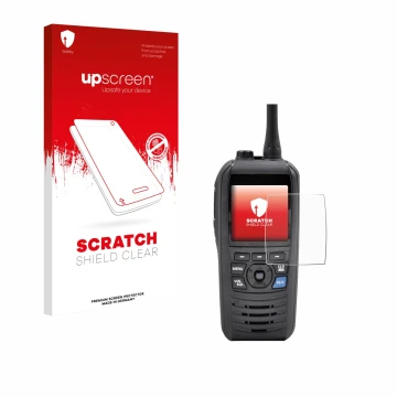 Parte frontal de un envase de producto con el logotipo de la marca upscreen. Al lado se muestra el dispositivo Icom IC-M94D co