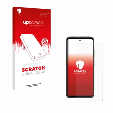 Parte frontal de un envase de producto con el logotipo de la marca upscreen. Al lado se muestra el dispositivo Ulefone Armor 2