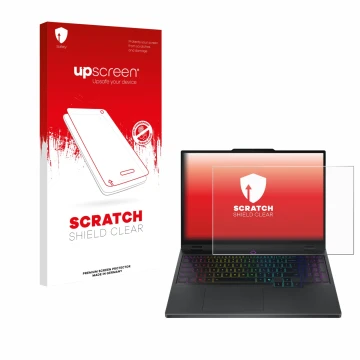 Parte frontal de un envase de producto con el logotipo de la marca upscreen. Al lado se muestra el dispositivo Lenovo Legion 5